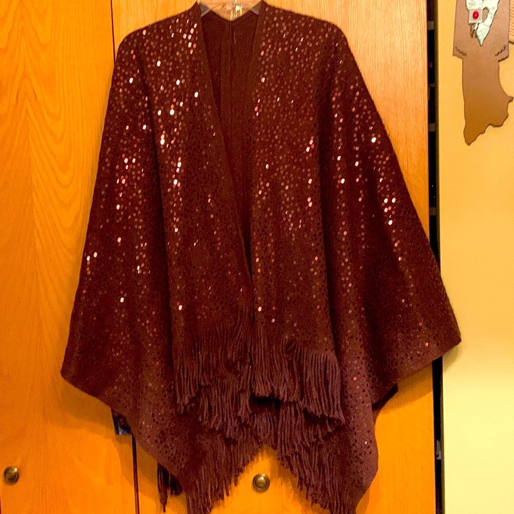 Copper brown sequined metallic distressed fringe knit sweater blanket poncho